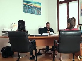 Teens pay back old boss by fucking him at the office in hardcore old young threesome